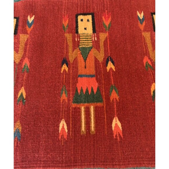Vintage Zapotec Rug Women of the Cornfield Red Hand Woven Wool 23 x 41 Fringed - Picture 3 of 13